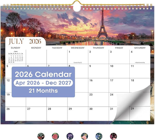 Calendar 2026-2027, 21-Month Wall Calendar Runs from Apr 2026 to Dec 2027,11.5" x 14.7",Large Monthly Calendar with Twin-Wire Binding, Perfect for Home or Office - Global Attractions