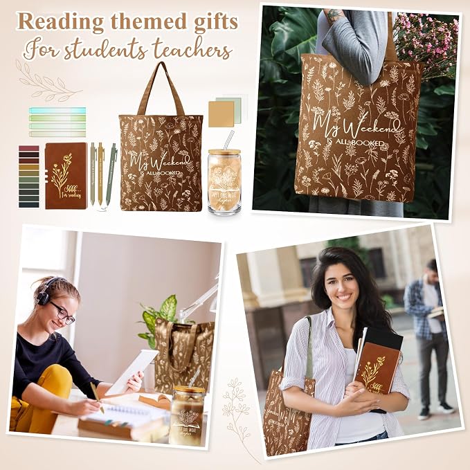 Havawish 14 Pcs Book Lovers Gift for Women 16 oz Glass Cup Tote Bag A6 Journal Notebook Pens Highlighters Sticky Notes Back to School Teacher Librarian Bookish Book Club(Brown,Aesthetic)