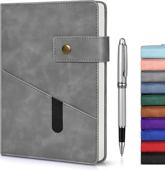 Lined Journal Notebook with Pen, A5 Personalized Hardcover Leather Journal for Men Women, 200 Pages 100 GSM Thick Paper College Ruled Notebooks for Work Travel School Writing Diary 5.9" X 8.4" Grey