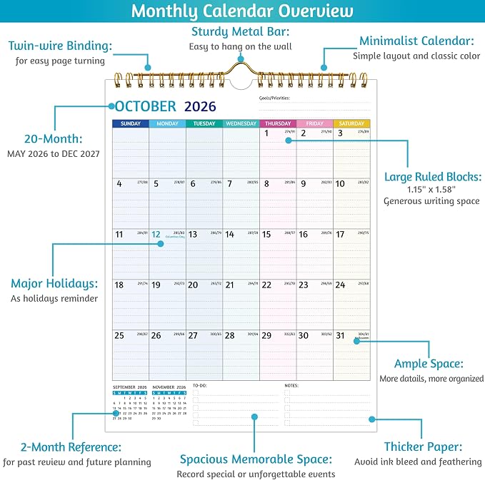 Wall Calendar 2026-2027 – Run Now - Dec 2027, 20 Monthly Calendar 2026-2027 for Wall, 8.5 x 11 In, 2027 Small Calendar, Ruled Blocks, Thick Paper, Holidays, To-do ＆ Notes, Great for Organizing
