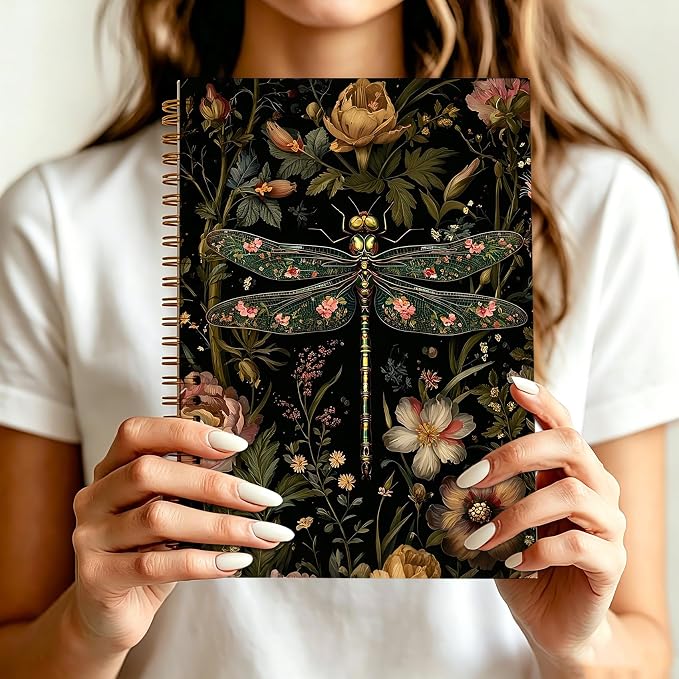 HOXUNQINA Moody Dark Floral Dragonfly Journal Notebook 5.5x8.3 | Dragonfly Gifts for Women Journal, Vintage Dark Cottagecore Botanical Insect Aesthetic Notebooks for Work