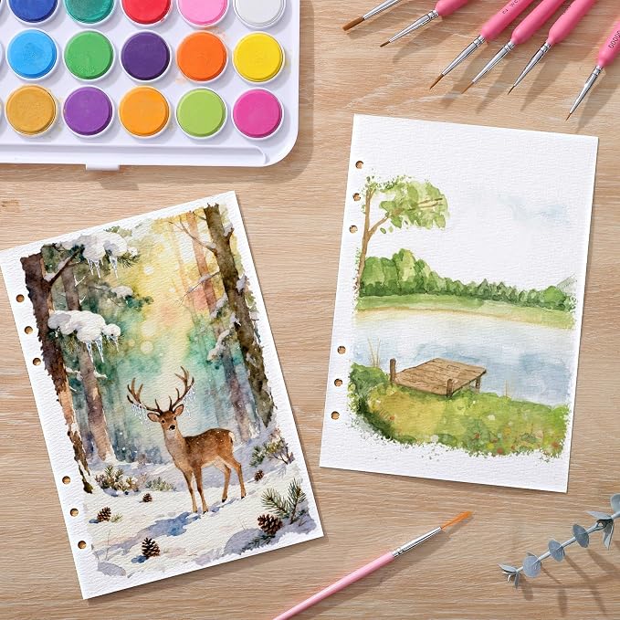 50 Sheets Refill Watercolor Paper for Watercolor Sketchbook, A5 300Gsm | 5.5 x 8 In, Hole-Punched for Binder Sketchbooks, Good Water Absorption, Mixed Media Paper, Durable Texture