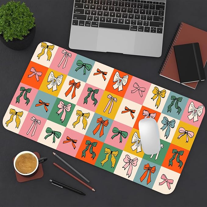 Cute Bows Large Mouse Pad, Desk Matt for Desktop, PU Leather Waterproof Desk Pad, Computer PC Laptop Protector Gaming Mouse Pads for Women Office Decor (27.5" x 13.8")