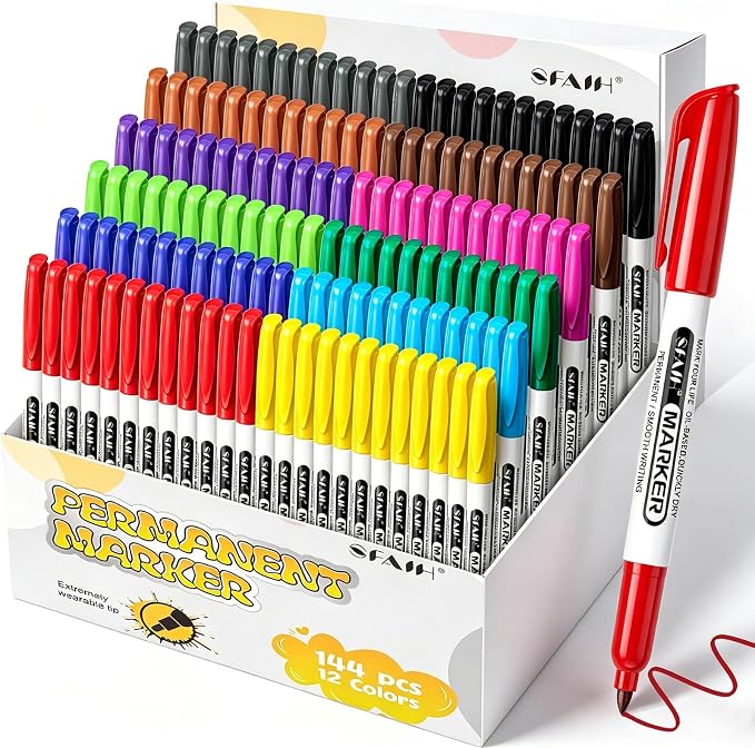 SFAIH 144 Pack Permanent Markers Bulk - 12 Vibrant Colors, 1s Quick Drying, Fine Point Markers for Write Mark, School, Office, Warehouse, Business, Logistics, Durable, Waterproof, Paper, Cardboard