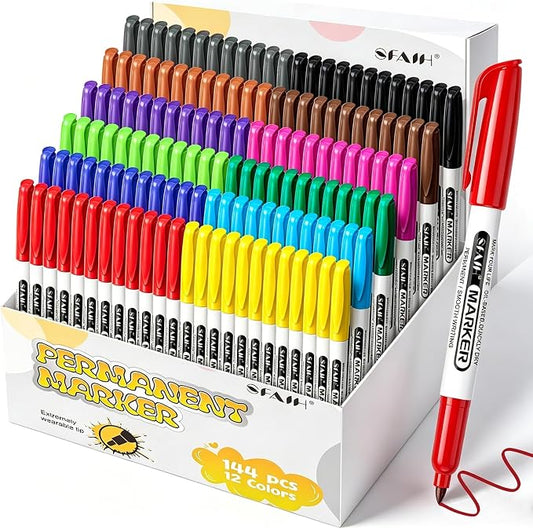 SFAIH 144 Pack Permanent Markers Bulk - 12 Vibrant Colors, 1s Quick Drying, Fine Point Markers for Write Mark, School, Office, Warehouse, Business, Logistics, Durable, Waterproof, Paper, Cardboard