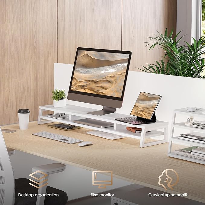 Fenge Dual Monitor Riser for Desk, Open Shelf with 3 Storage Compartments | 42.5in Computer Monitor Stand, 2-Tier Desk Shelf for Top of Desk,One-Piece Panel, fit Ultrawide Monitor, PC, Laptop, White