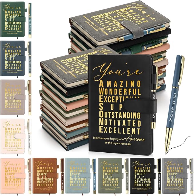 Kosiz 20 Pcs/10 Sets Employee Appreciation Gift Bulk A5 Leather Notebook Inspirational Journal Pen Thank You Gift for Men Women Coworker Teacher Office Back to School(Morandi Series,You Are Amazing)