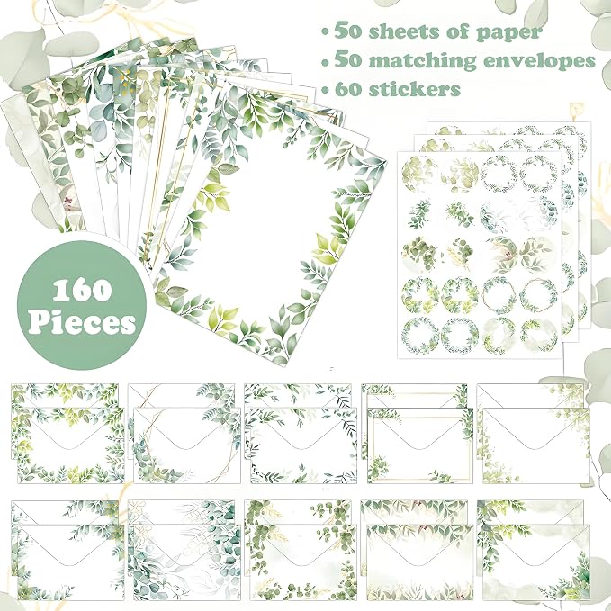 FUNCLASS 160 Pcs Leaf Stationery Set Letter and Envelopes | 50 Unlined Stationery Paper and 50 Matching Envelopes , 5.5 x 8.25 Inches Letter Writing Stationery for Home, Office, School