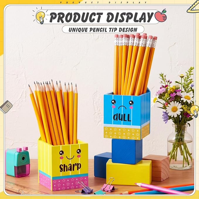 DoubleFill 2 Pcs Blue Pencil Shaped Holder Sharp Dull Holder Wooden Dispenser Pen Storage with Classic Pencil Shaped Design for Back to School Teachers Classroom Organization Accessories