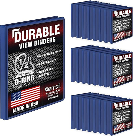 Samsill Durable 0.5 Inch Binder, D Ring Binder, Customizable Clear View Cover, Blue, 24 Pack, Each Holds 125 Pages