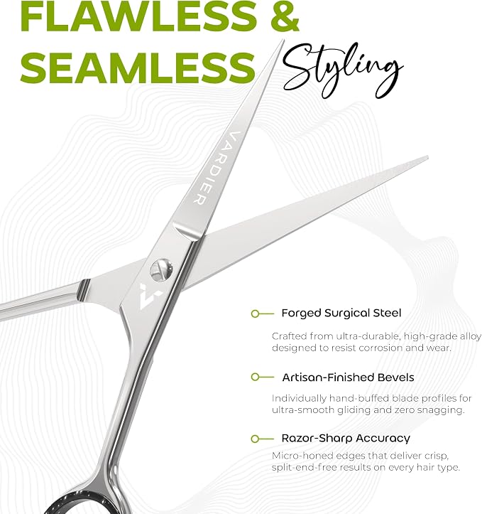 6.5” Hair Cutting Scissors – Professional Stainless Steel Barber Shears with Micro-Serrated Blades, No-Slip Precision Cut – Gift-Boxed with Leather Pouch for Salon & Home (Matter Silver)