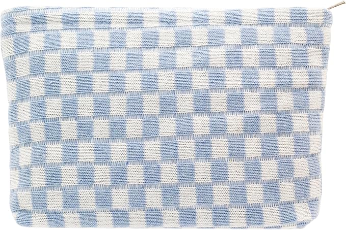 PAZIMIIK Checkered Makeup Bag for Purse, Small Flat Cosmetic Pouch,Blue | Cute Zipper Makeup Organizer for Women, Travel Essentials, Toiletries, Makeup Brushes, Beauty Accessories&Bridesmaid Gifts