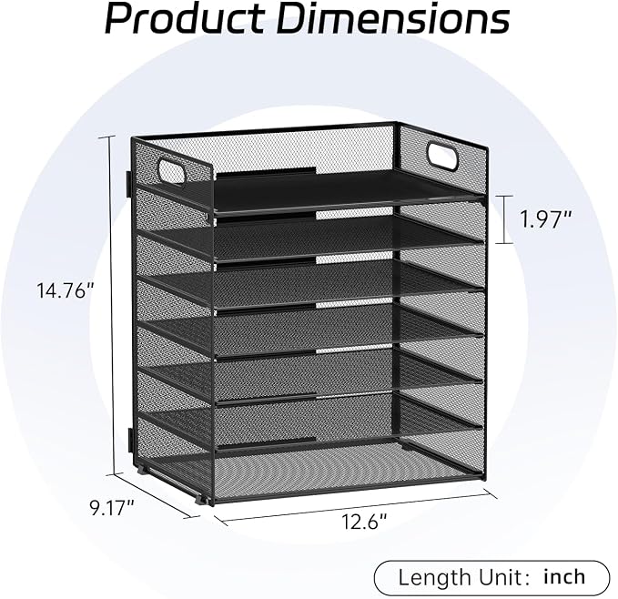 7 Tier Paper Organizer for Desk with Letter Trays & Handle Black | Black Desk File Organizer with Handle for Sorting Papers, Files, Folders, Mail, Bills and Office Supplies