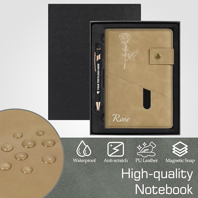 ENOMY Personalized A5 Journal Gift Set with Custom Pen PU Leather Notebook Box, Gray blue