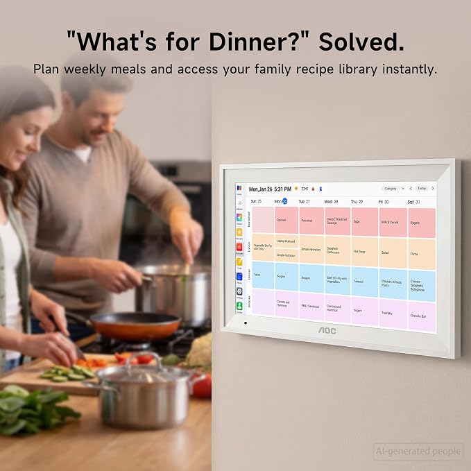 AOC Digital Calendar Wall Touch Screen, 15.6" Smart Electronic Wall Planner | No Subscription Family Dashboard, Sync Google iCloud Outlook, Chore Chart, Great for Family Schedules, Meal Planner, Rewards
