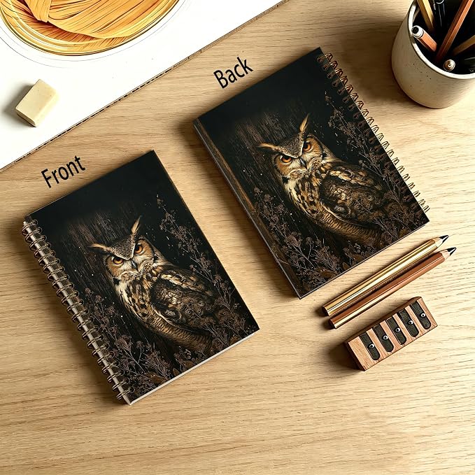 HOXUNQINA Dark Academia Moody Owl Journal Notebook 5.5x8.3 | Owl Lovers Gifts for Women Men Journal, Moody Rustic Botanical Wildlife Bird Notebooks for Work