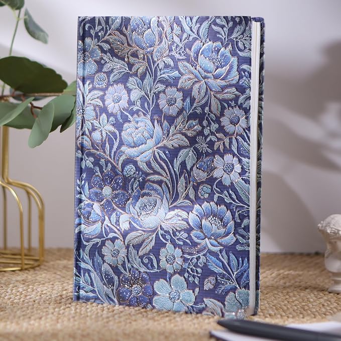 Hardcover Lined Journal - 224 Pages 100GSM Thick Paper A5 Notebook with Gilded Edges, Elegant Blue Damask Floral Pattern, Classic Aesthetic Diary for Women