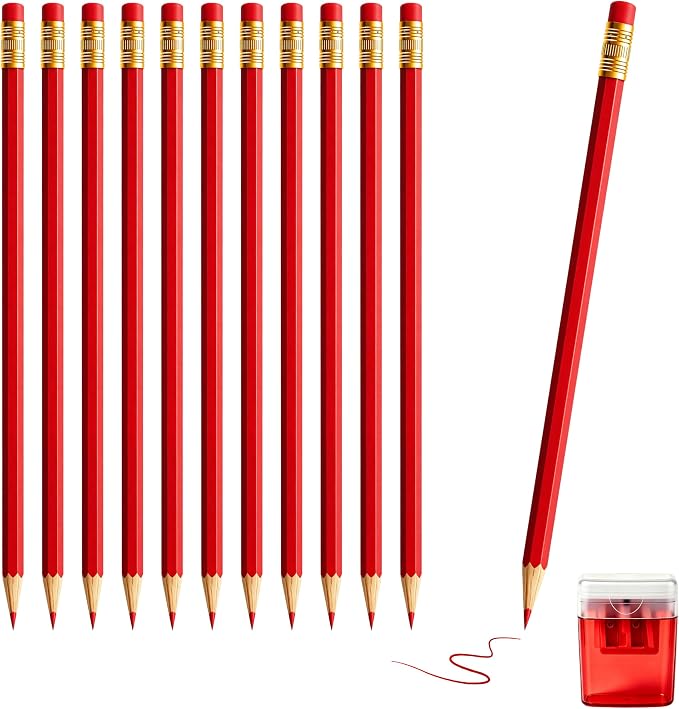 12 Pcs Red Pencils with Eraser for Kids HB Erasable Pencils Pre-Sharpened Professional Wooden Pencils Set, Ideal for School Writing, Drawing, Sketching, Coloring and Creative Projects(Red)