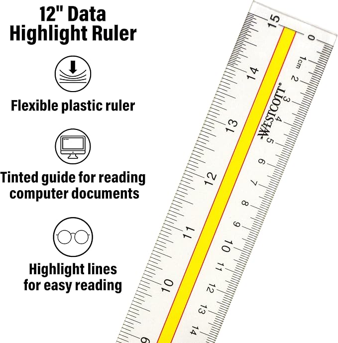 Westcott Acrylic Data Highlight Reading Ruler with Tinted Guide, 15" Clear (Pack of 2)