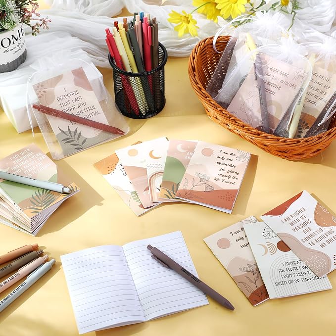 Mooliwe 24 Set Positive Affirmation Gift Set Gratitude Notebooks with Pens Keychains Small Bags Motivational Party Favors for Adult Women Coworkers Employee Group (Elegant)