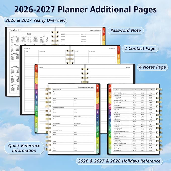 Daily Planner 2026-2027, 18 Month Planner with Tabs, July 2026 - December 2027 Weekly and Monthly Agenda Year Calendar Spiral Time Management, 100GSM Thick Paper, Twin-Wire Binding, A5 Size, Black