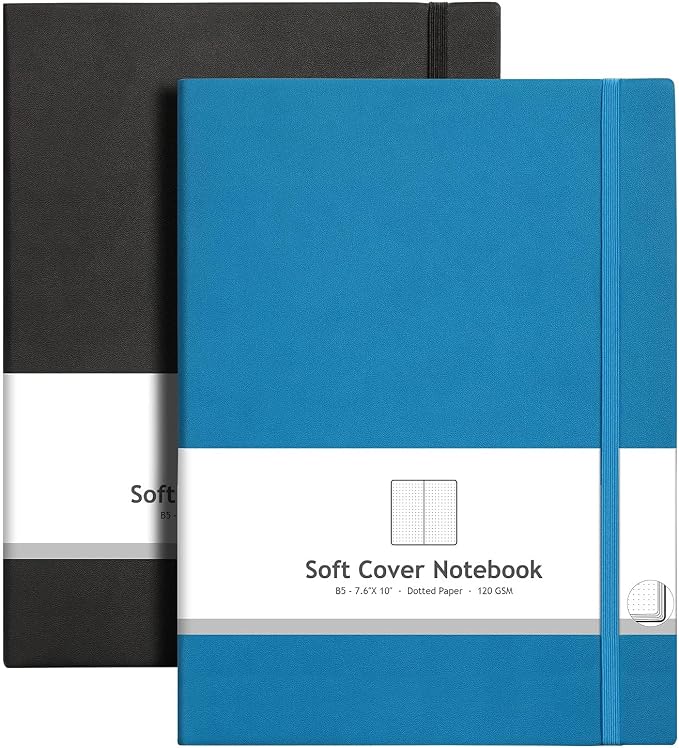 AHGXG Dotted Journal Notebook, 384 Pages, 120GSM, B5 (7.6'' × 10'') | 2 Pack, Leather Hardcover, for Journaling, Planning, Tracking (Blackblue)