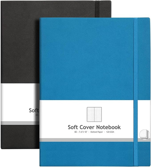 AHGXG Dotted Journal Notebook, 384 Pages, 120GSM, B5 (7.6'' × 10'') | 2 Pack, Leather Hardcover, for Journaling, Planning, Tracking (Blackblue)
