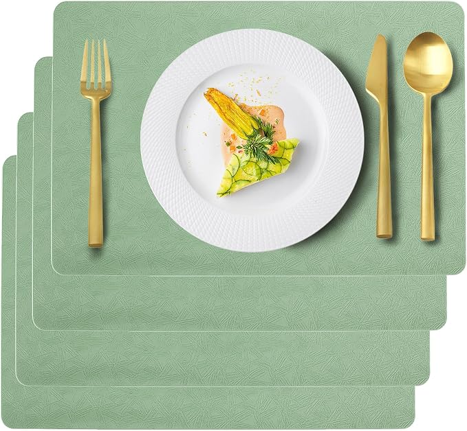 Green Plastic Placemats Set of 4, Faux Leather Waterproof Table Mats | Green Vinyl placemats,Wipeable and heat resistant table mats.Easy to clean,great for indoor and outdoor