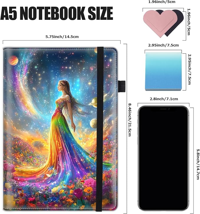 Hardcover Executive Notebooks, A5 PU Leather Lined Journal Notebook, 200 Pages Thick Paper Subject Notebooks for School,Work,Home Writing Business Notebook, Diary Book ，Rainbow Cosmic Garden Girl