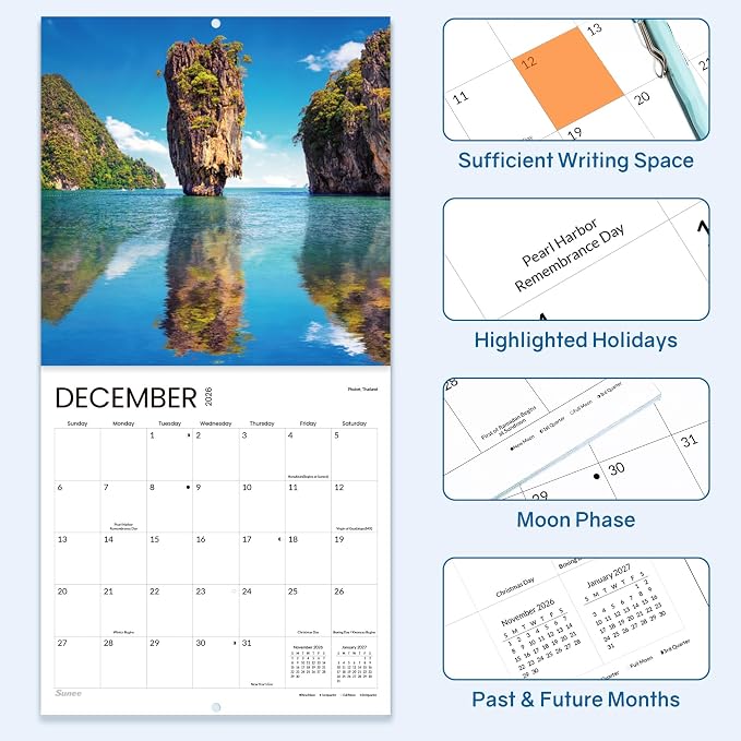 SUNEE Calendar 2026-2027 for Wall, 2027 Large Wall calendar 12x12 Inches with 16 Months from September 2026 to December 2027, Thick Glossy Paper, 12" x 24" (Open), Beaches