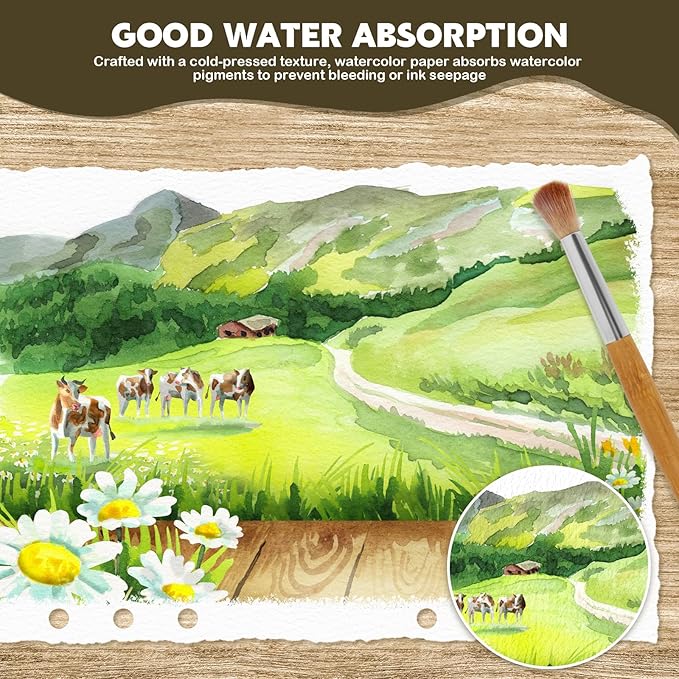 Vintage Watercolor Sketchbook, 140 Lb Cold Press Deckle Edge, 6.3 x 9 in | 24 Sheets, Brown Leather Cover, Ring Bound, Good Water Absorption, for Painting Drawing Mixed Media