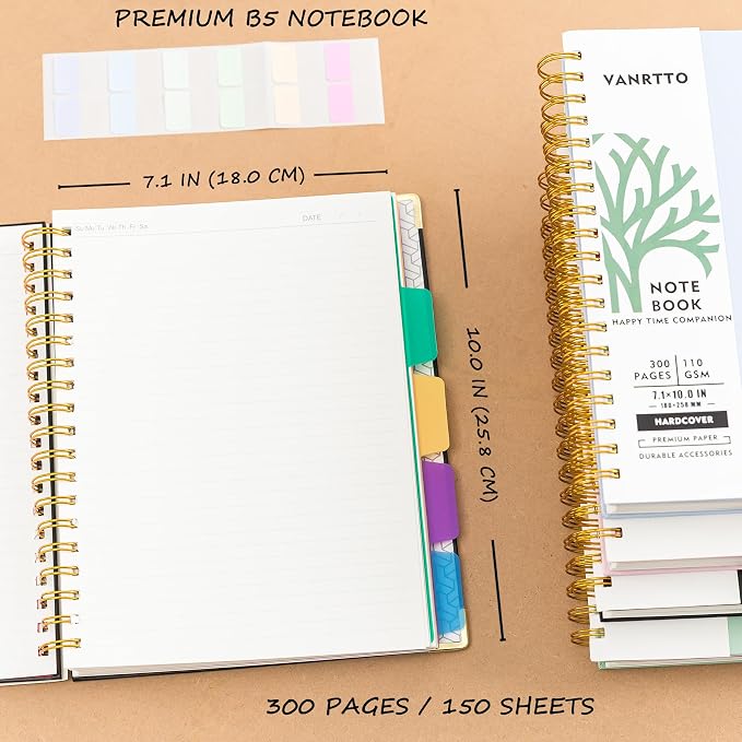 VANRTTO 5 Subjects Hardcover Spiral Notebook College Ruled Lined B5 Black | Hardcover 8.0x10 IN Spiral Notebook With Removable Tab Dividers, 110 GSM Paper Notebooks for Work, 300 Pages B5 Notebooks