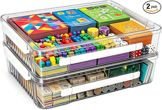 2 Pack Board Game Storage Box,Clear Stackable Craft Organizer | Clear PET with lid & side latches,Fits Letter & A4 papers,Flat cases for art,sewing supplies and documents organization