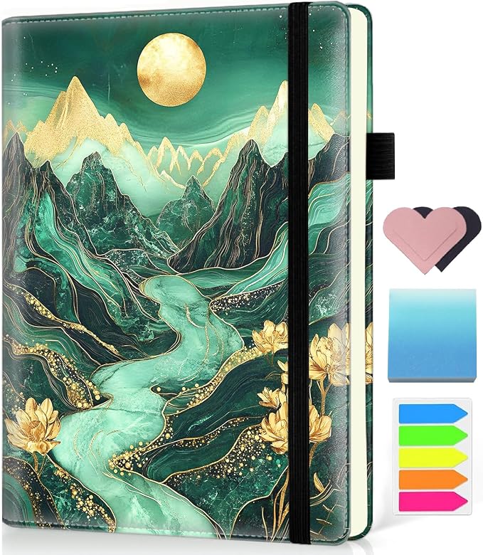 Hardcover Executive Notebooks, A5 PU Leather Lined Journal Notebook, 200 Pages Thick Paper Subject Notebooks for School,Work,Home Writing Business Notebook, Diary Book ，Green Mountain Landscape