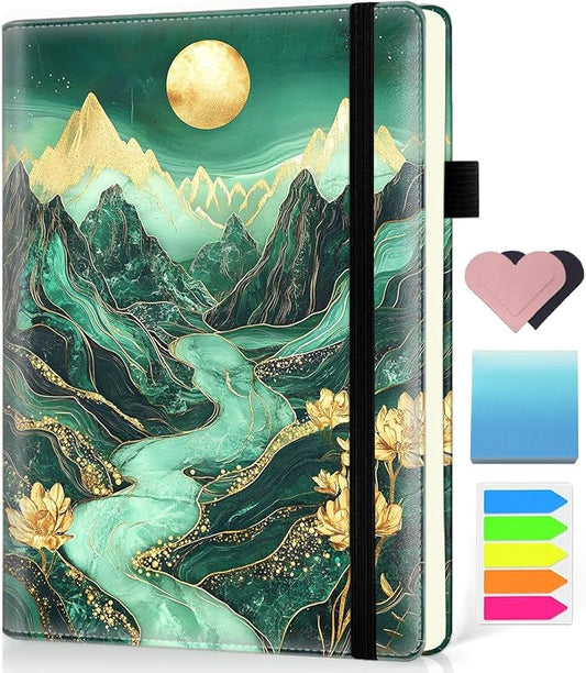 Hardcover Executive Notebooks, A5 PU Leather Lined Journal Notebook, 200 Pages Thick Paper Subject Notebooks for School,Work,Home Writing Business Notebook, Diary Book ，Green Mountain Landscape