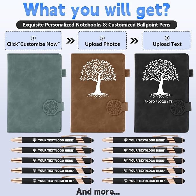 ENOMY A5 Lined Personalized Notebook Set with 10PC Pens Custom Journal for Writing Men Women Custom Notebook New Year Valentine's Day Gift, Gray