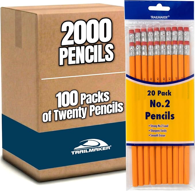 Trail maker 2,000#2 Pencils Unsharpened, Bulk for School, Office Supplies | Wholesale Wood Cased #2 HB Pencils (100 20-Packs)