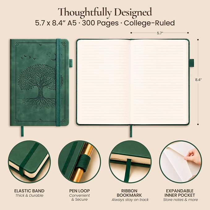 Lined Journal Notebook Hardcover Leather Bound 300 Pages A5 Green Diary | College Ruled 5.7x8.4" Journaling Notebooks for Men & Women, Writing for Personal, Thick Travel Daily Note Book Tree of Life