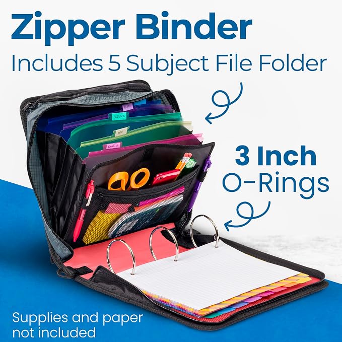 Case-it Mighty Zip Tab School Zipper Binder | 3-Inch O-Rings, 600-Sheet Capacity, 5-Subject Expanding File Folder, Multiple Pockets & Storage Organizer, Shoulder Strap | D-146 Coral