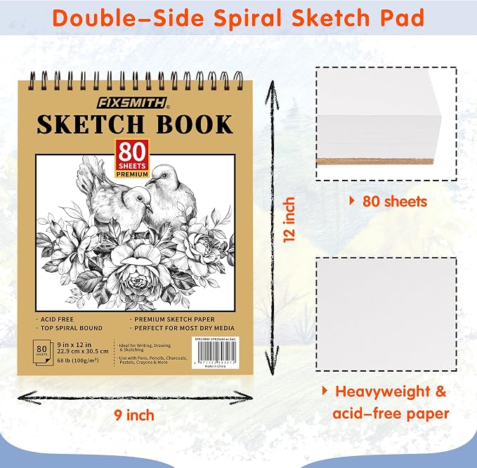 FIXSMITH 9"X12" Sketch Book | 160 Sheets (68 lb/100gsm) | 2 Pack Sketchbooks | Top Spiral Bound Artist Sketch Pad | Acid Free Drawing Pad | Ideal for Kids,Beginners,Artists &Painters | Bright White