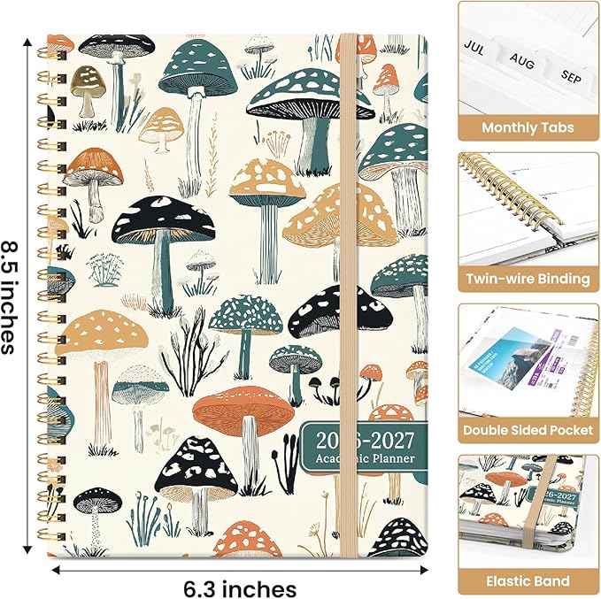 Planner 2026-2027, Academic Year Monthly and Weekly Calendar Planner, Jul 2026 - Jun 2027, Hardcover Teacher Student Planning Agenda book with Tabs, Perfect for School Office Supplies, 6.3" x 8.5" - Mushrooms Grove