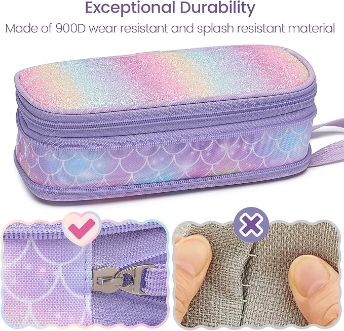 Bagseri 2 Pack Pencil Case for Girls - Expandable Cute Pencil Pouch for Kids Large Capacity Pencil Bag Organizer for School (Purple Mermaid and Pink Unicorn)