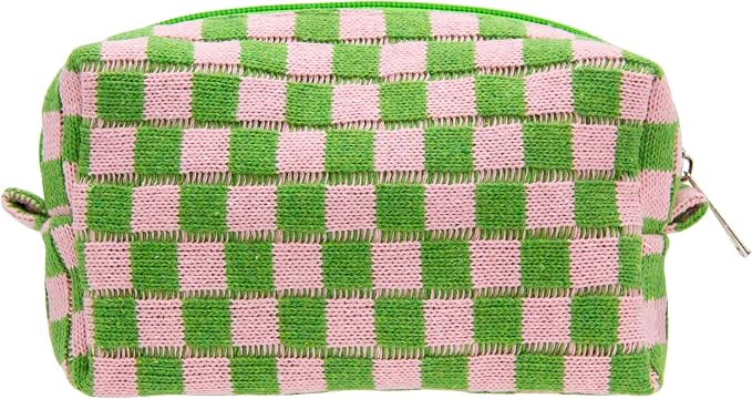 Checkered Makeup Bag for Purse, Small Travel Cosmetic Pouch,Pink Green | Cute Zipper Makeup Organizer for Women, Travel Essentials, Toiletries, Makeup Brushes, Beauty Accessories&Bridesmaid Gifts