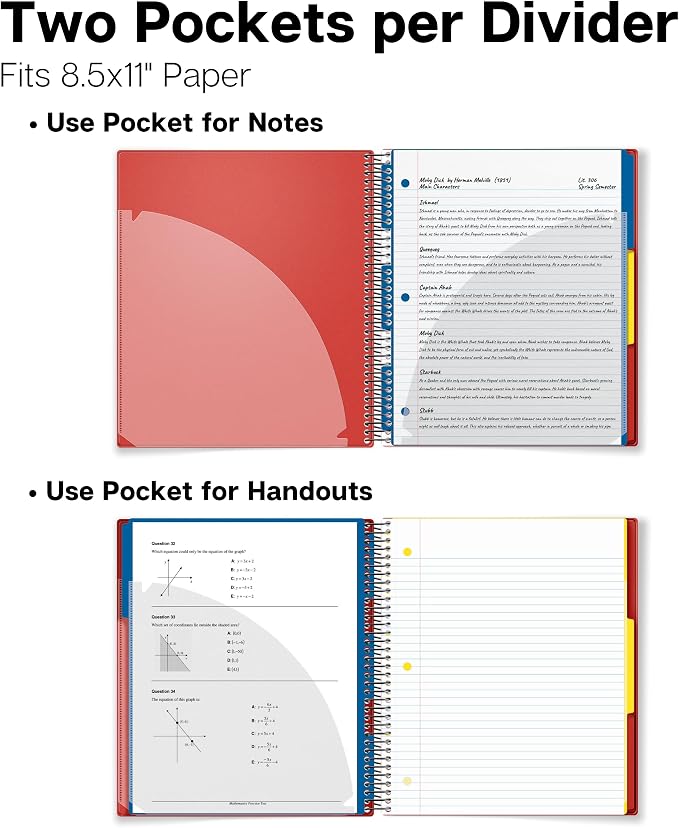 Dunwell 3-Subject Spiral Notebook College Ruled 8.5x11 (Red), 150 Sheets (300 Pages), Tabs, Color Movable Divider Pockets, Protective Plastic Covers, 3-Hole Punched Tear-Off Paper