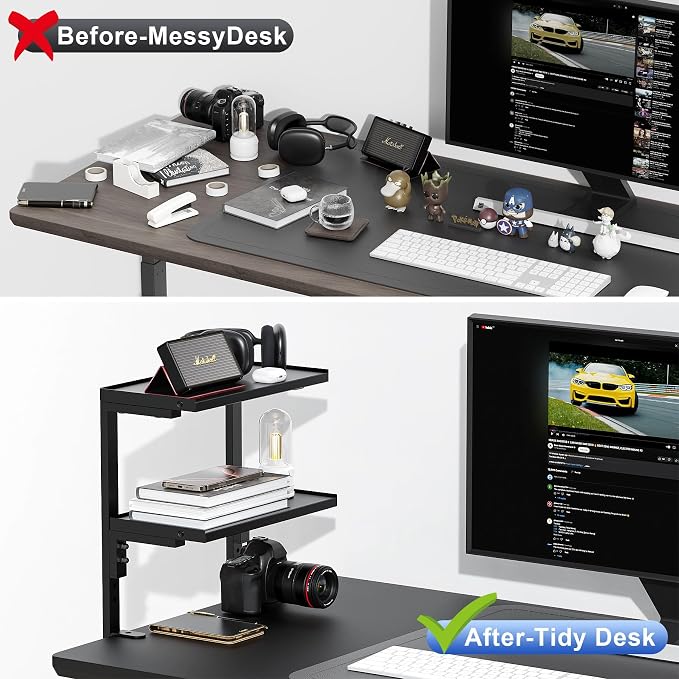 Spacrea Clamp on Desk Shelf, 2 Tier Office Desk Shelves Organizer, Wood Desktop Supplies Storage Rack, Desk Organizers and Accessories (Black)