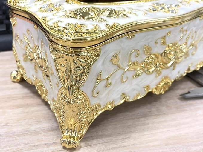 Luxurious Rose Tissue Box with Imitation Diamonds,Gold-White | 9.45"x5.43"x3.94"，Embossed Flowers, Elegant Tissue Paper Holders，for Home Toilet Bath Hotel
