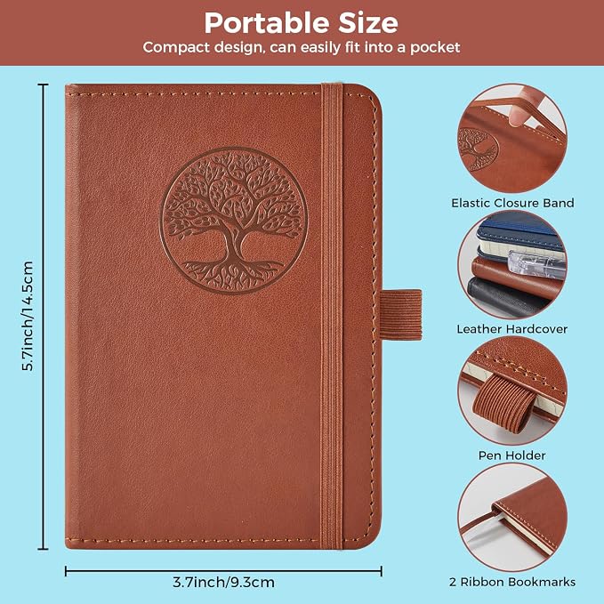 3 Pack Pocket Journal Notebooks, A6 Small Mini Notepad with Pens, 3.7" x 5.7" Leather Hardcover Note Book for Women/Men Work, 400 Pages 100GSM Lined Paper, Brown