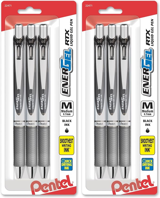 Pentel EnerGel RTX Liquid Gel Ink Pens,(0.7mm),Medium Line,Black Ink,(BL77BP3A),3 Count (Pack of 2)