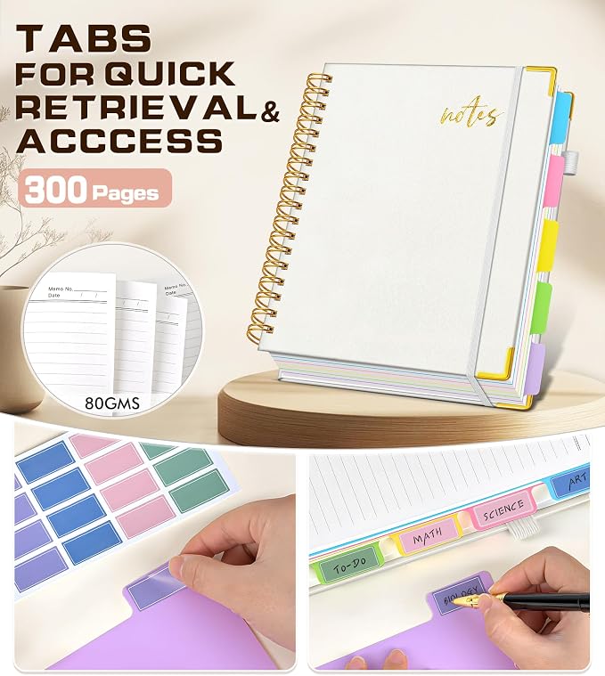 Hardcover Spiral Notebook Journal 8.5" x 11" Leather 5 Subject Notebook with Removable Dividers Tabs, 300 Pages Organizer Notebooks for Work School, College Ruled, Large Lined Journal for Women,White