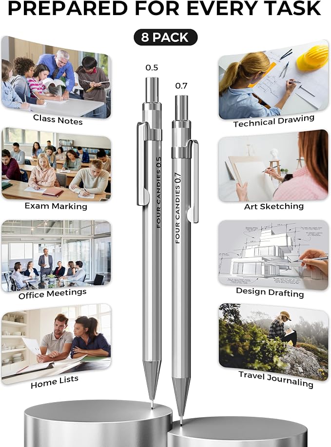 8PCS Metal Mechanical Pencil Set, 0.5mm & 0.7mm, Pack with Storage Case | 480 Leads, 3 Erasers+9 Refills, for School Writing, Sketching, Art Drawing & Professional Drafting